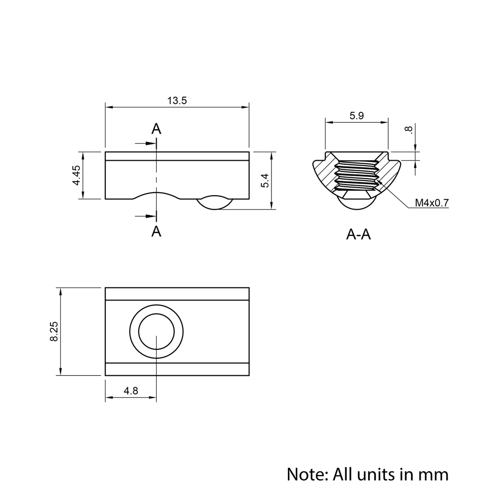 Technical Drawing Of Spring Ball Loaded Nut - T/V-Slot - 20 Series - M4