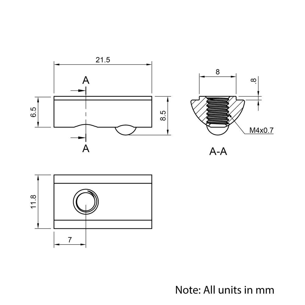 Technical Drawing Of Spring Ball Loaded Nut - T-Slot - 30 Series - M4
