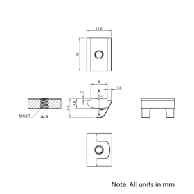 Technical Drawing Of Spring Leaf Loaded Nut - T-Slot - 30 Series - M4