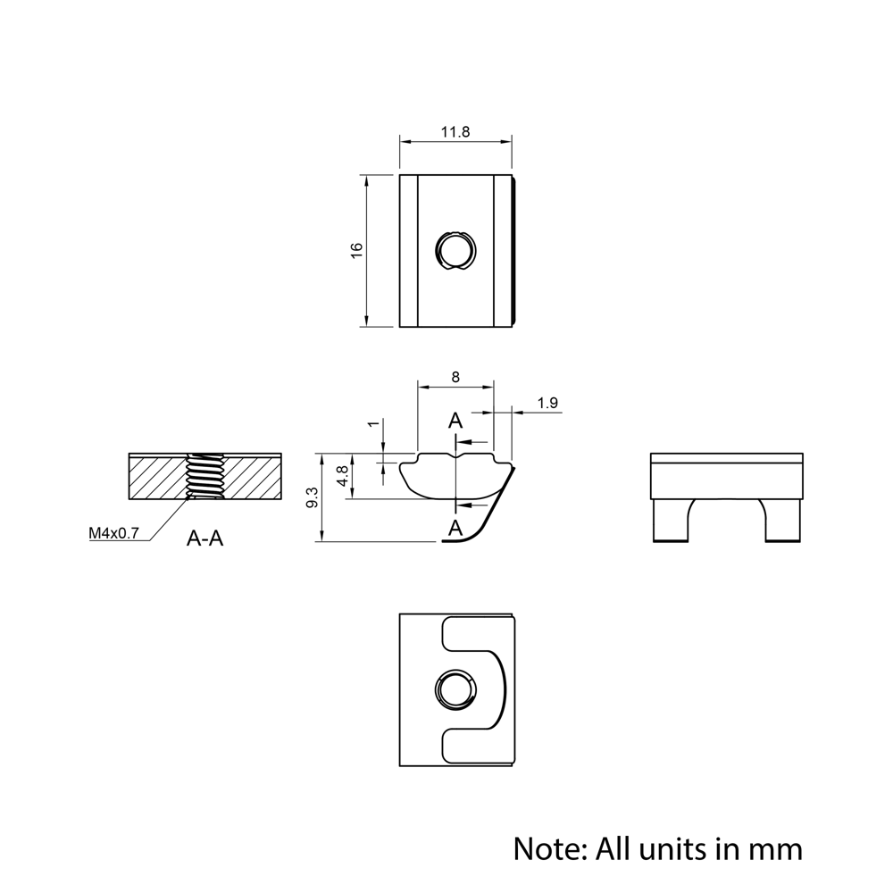 Technical Drawing Of Spring Leaf Loaded Nut - T-Slot - 30 Series - M4