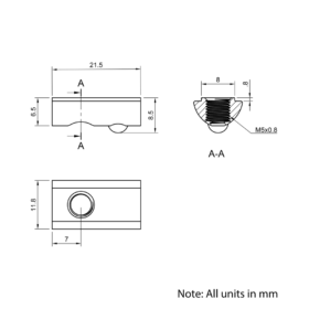 Technical Drawing Of Spring Ball Loaded Nut - T-Slot - 30 Series - M5