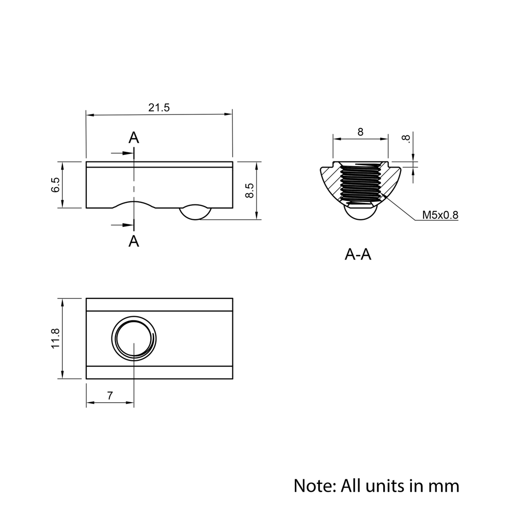 Technical Drawing Of Spring Ball Loaded Nut - T-Slot - 30 Series - M5