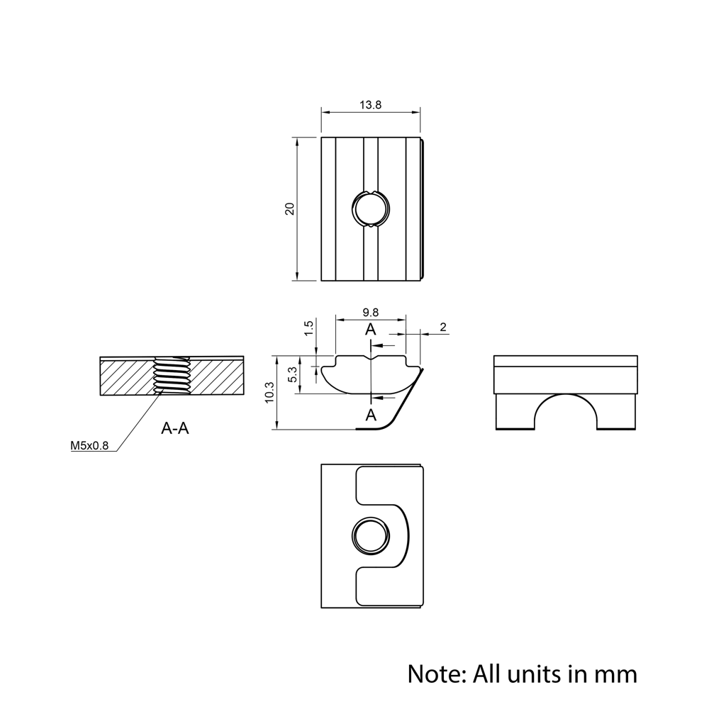 Technical Drawing Of Spring Leaf Loaded Nut - T-Slot - 40 & 45 Series - M5