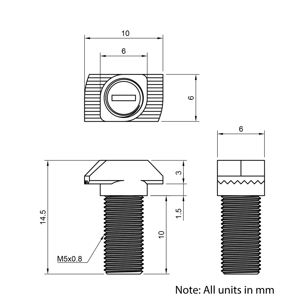 Technical Drawing of Drop In Bolt - T/V-Slot - 20 Series - M5 - 10mm