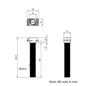 Technical Drawing of Drop In Bolt - T/V-Slot - 20 Series - M5 - 30mm