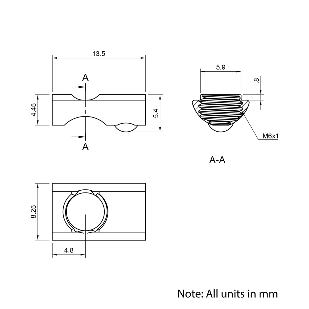 Technical Drawing Of Spring Ball Loaded Nut - T/V-Slot - 20 Series - M6