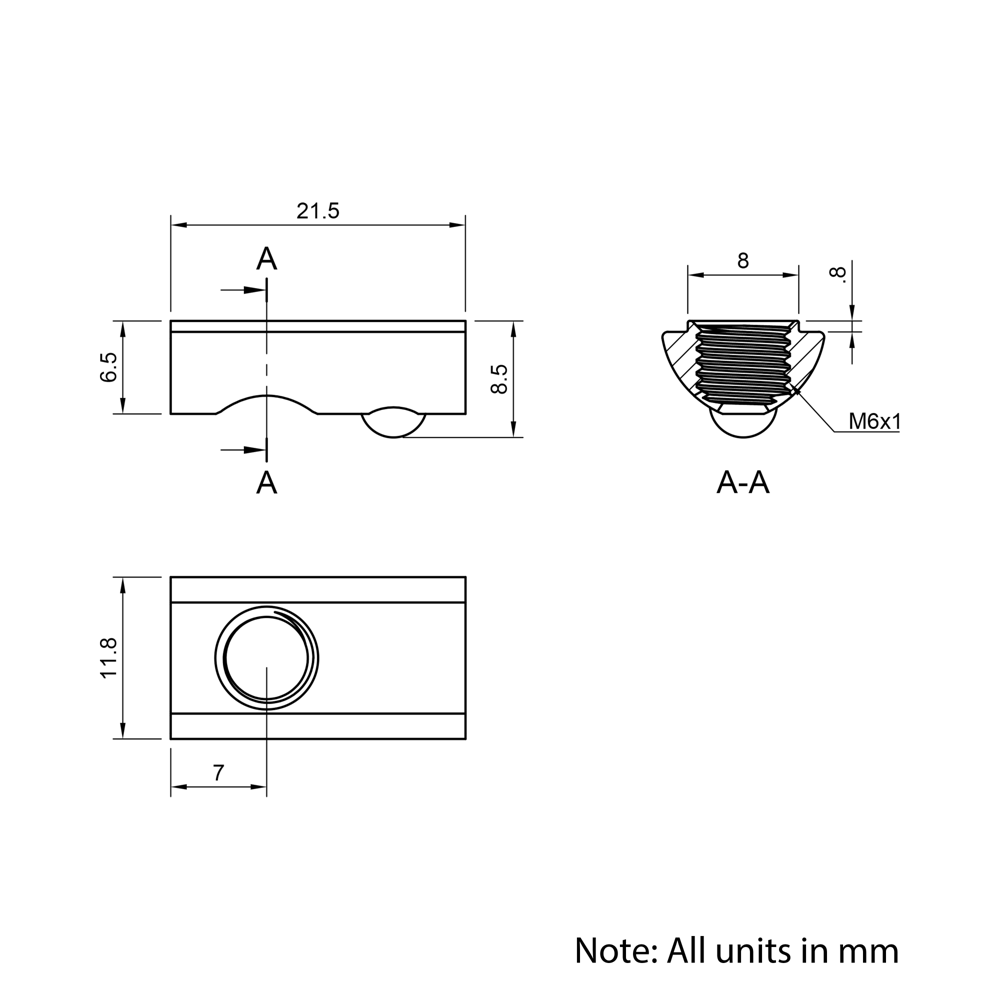 Technical Drawing Of Spring Ball Loaded Nut - T-Slot - 30 Series - M6