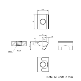 Technical Drawing Of Spring Leaf Loaded Nut - T-Slot - 30 Series - M6