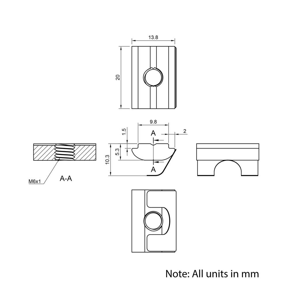 Technical Drawing Of Spring Leaf Loaded Nut - T-Slot - 40 & 45 Series - M6