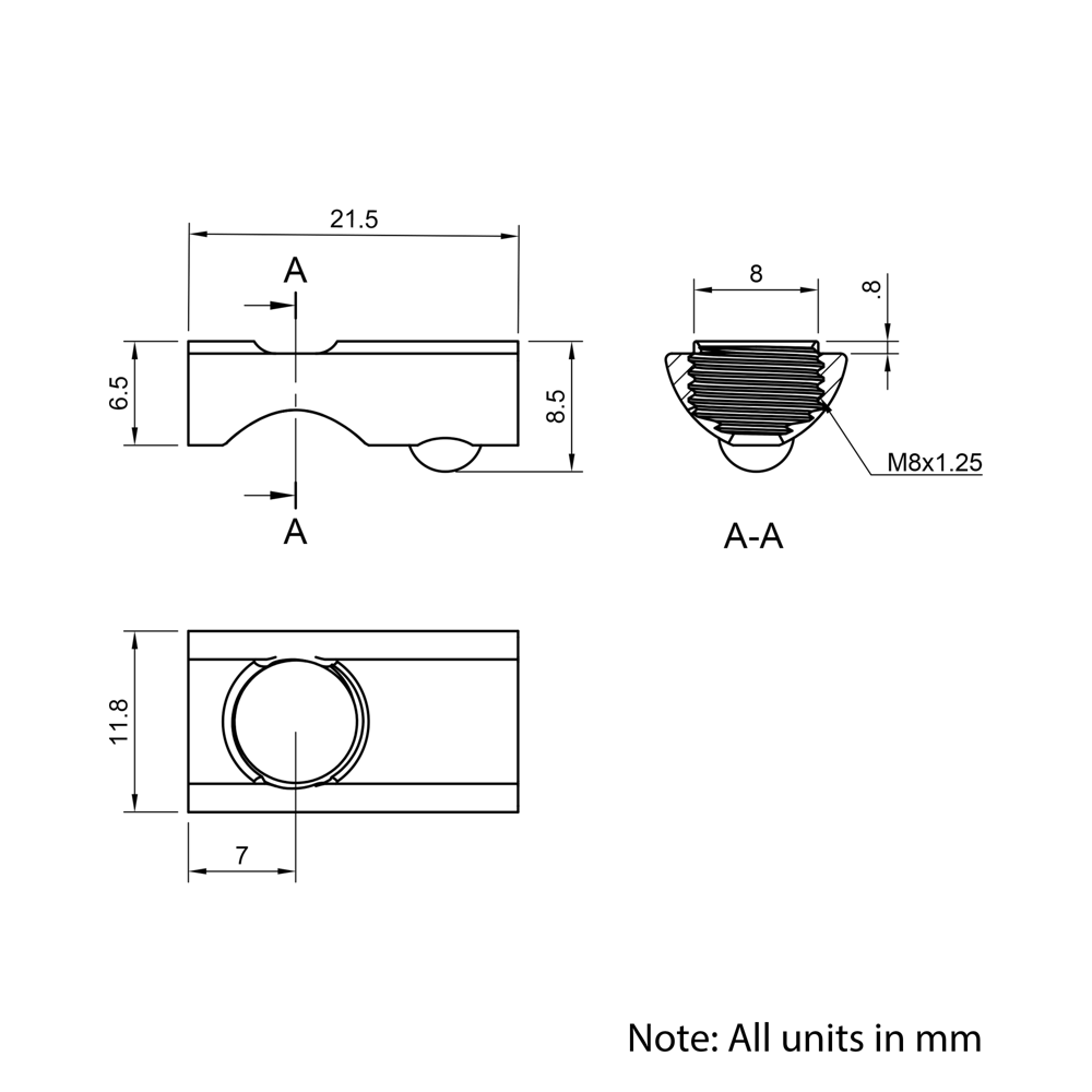 Technical Drawing Of Spring Ball Loaded Nut - T-Slot - 30 Series - M8