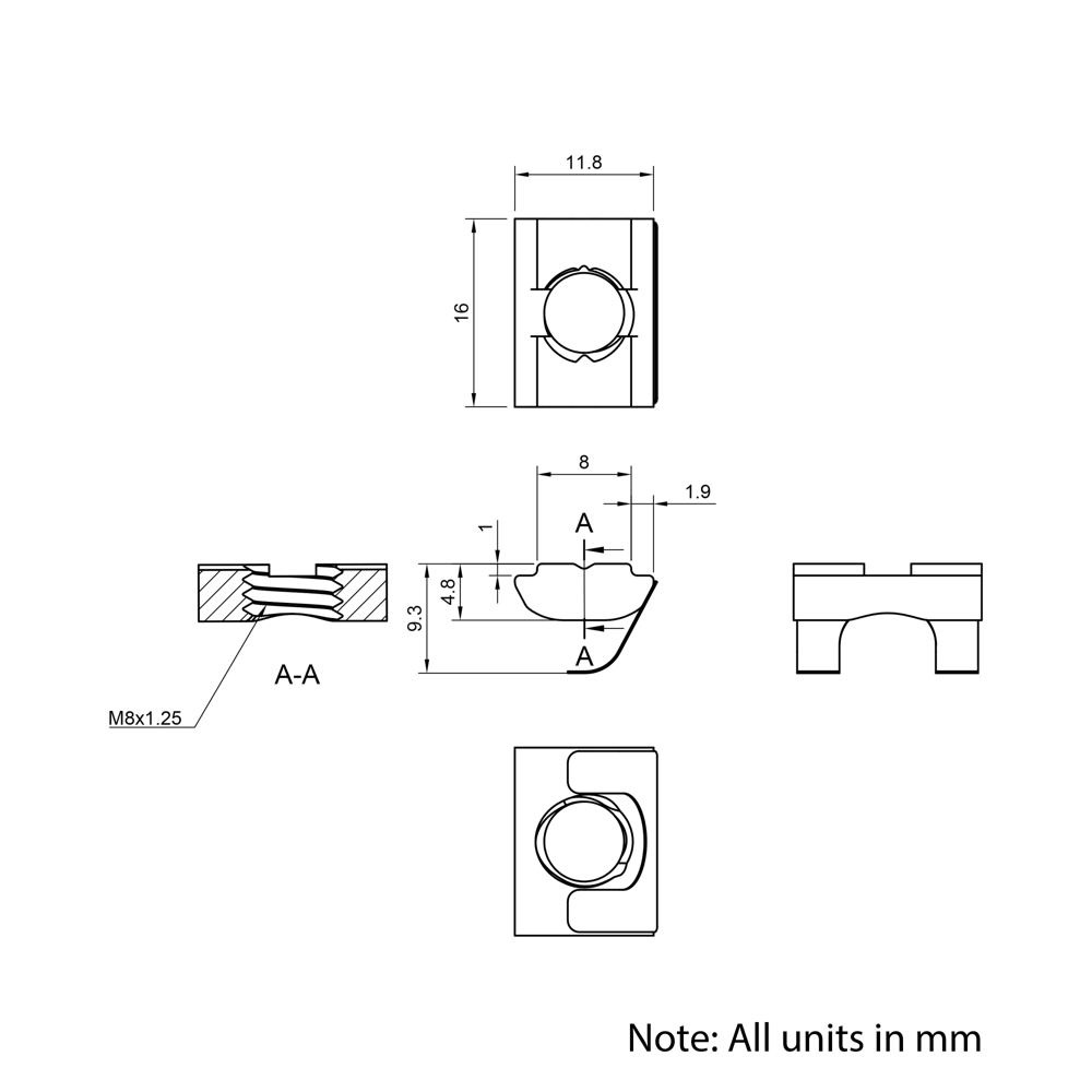 Technical Drawing Of Spring Leaf Loaded Nut - T-Slot - 30 Series - M8