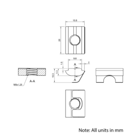 Technical Drawing Of Spring Leaf Loaded Nut - T-Slot - 40 & 45 Series - M8